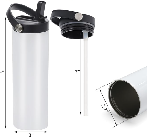 White water bottle with black lid and straw, showing dimensions on a white background.
Bottle Dimensions: 3" diameter; 9" height; Straw 7" long; mouth of bottle 2.7" wide.
