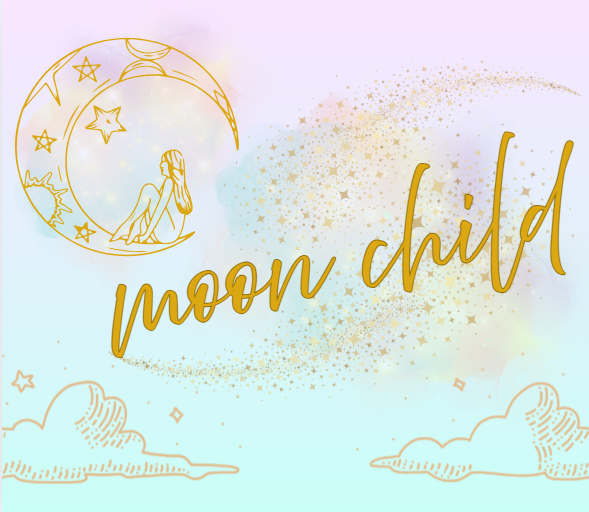 Decorative design with 'moon child' text and celestial elements on a pastel background. Main element includes a person seated on a crescent moon.