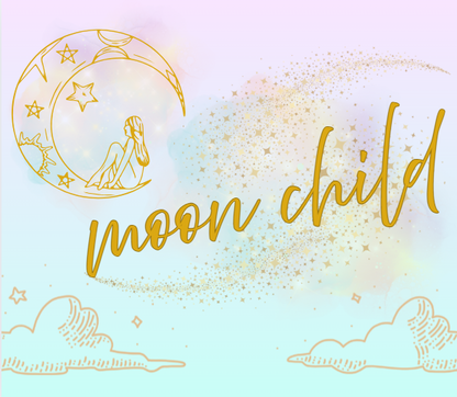 Decorative design with 'moon child' text and celestial elements on a pastel background. Main element includes a person seated on a crescent moon.