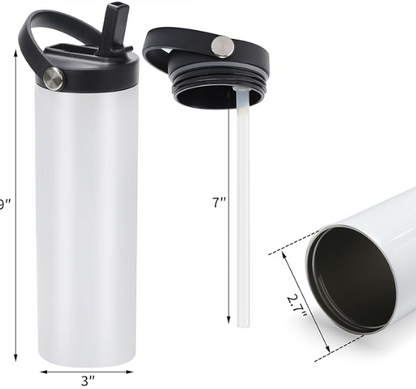 White water bottle with black lid and straw, showing dimensions on a white background. 
Bottle Dimensions: 3" diameter; 9" height; Straw 7" long; mouth of bottle 2.7" wide.