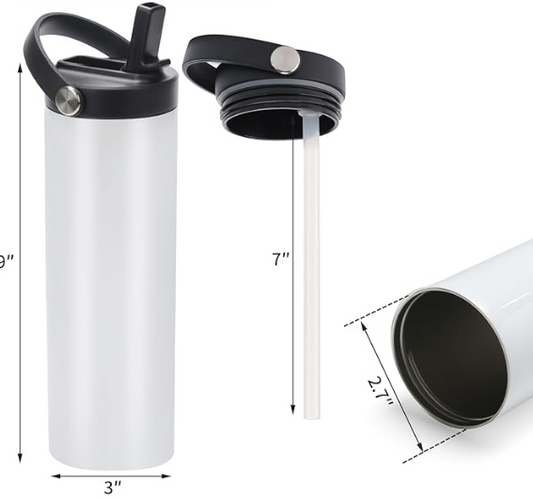 White water bottle with black lid and straw, showing dimensions on a white background. 
Bottle Dimensions: 3" diameter; 9" height; Straw 7" long; mouth of bottle 2.7" wide.