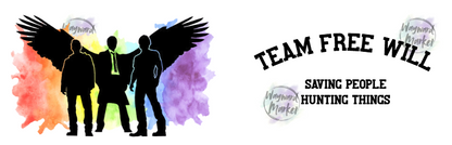 Silhouettes of people with wings against a colorful watercolor background, featuring text 'Team Free Will' and 'Saving People Hunting Things'.