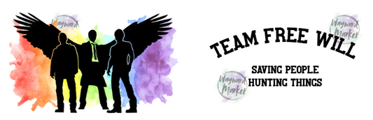 Silhouettes of people with wings against a colorful watercolor background, featuring text 'Team Free Will' and 'Saving People Hunting Things'.