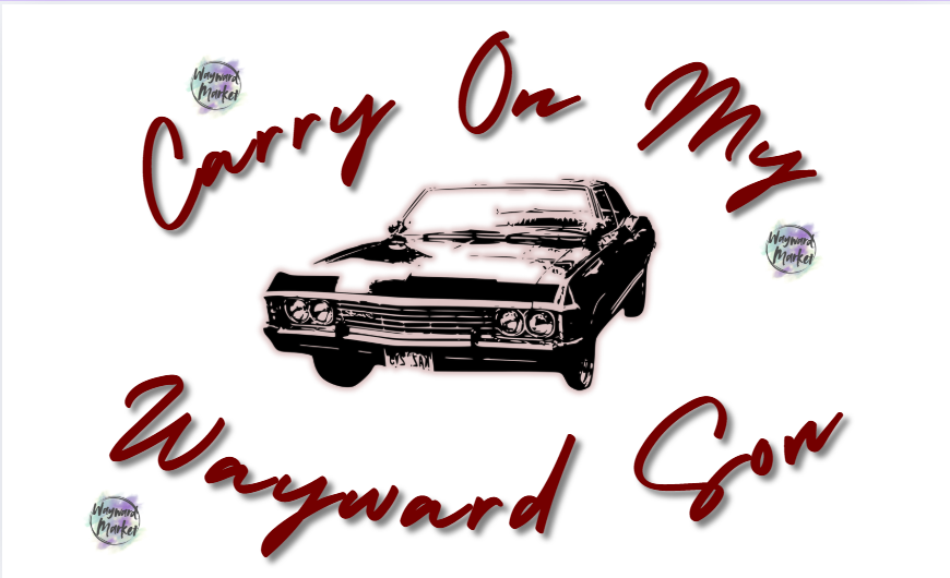 Vintage-style car illustration with text 'Carry On My Wayward Son' on a white background.