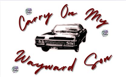 Vintage-style car illustration with text 'Carry On My Wayward Son' on a white background.