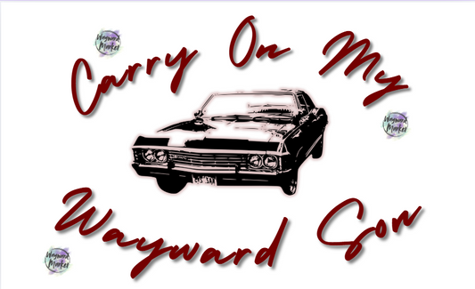 Vintage-style car illustration with text 'Carry On My Wayward Son' on a white background.