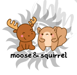Cartoon moose and squirrel with gray anti-possession symbol background. Text below the graphic reads moose and squirrel in a rounded font.