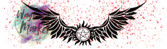 Wings with a pentagram symbol on a colorful abstract background. Wayward Market watermark in the background (not on physical product).